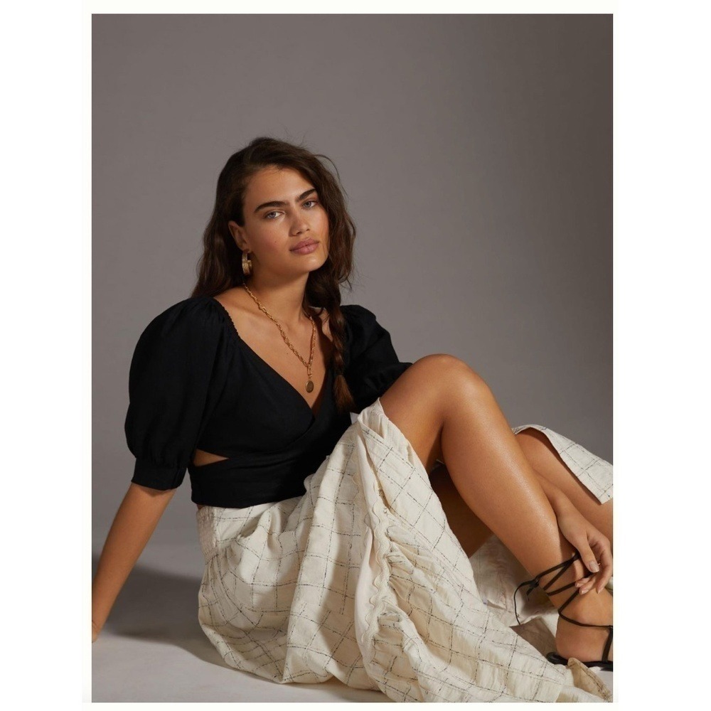 NWT Anthropologie‎ Black Crop Top Puff Sleeve Blouse Criss Cross Open Back Party - Picture 13 of 14